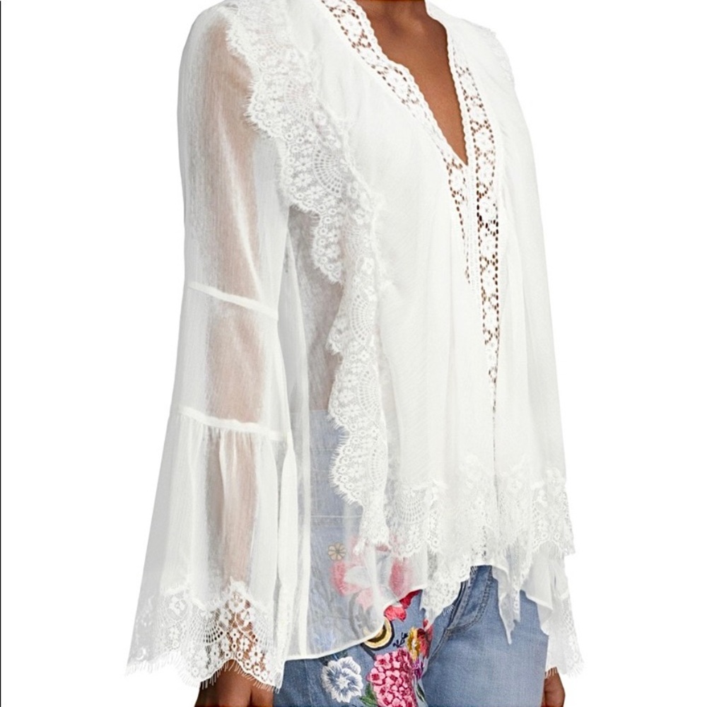 Alice + Olivia Jaden Lace Trimmed Bell Sleeve Sheer Gauze White Tunic Top Blouse - Picture 4 of 16